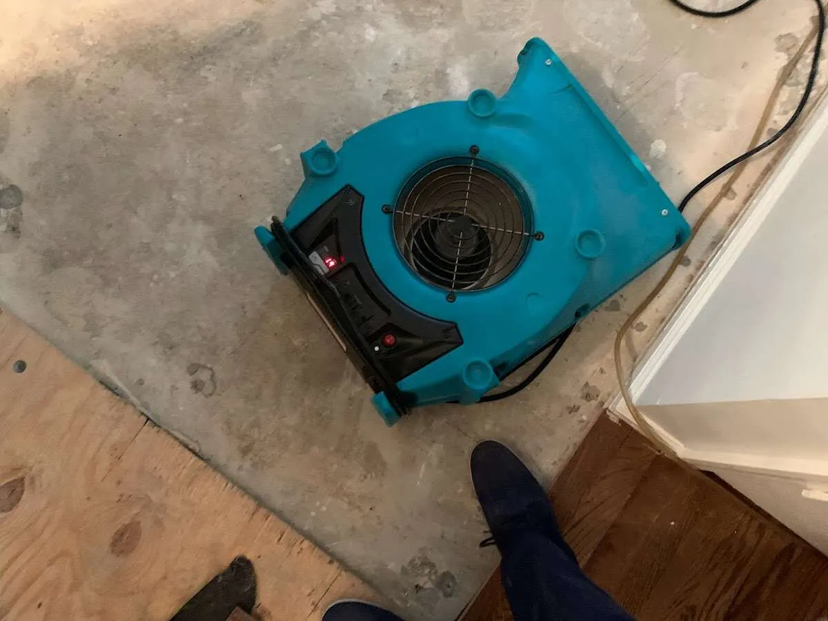 Air mover drying subfloor during Leak Detection & Repair in Corrales